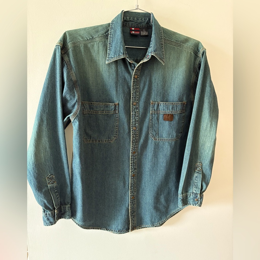 Vintage Men’s Bugle Boy Jeans Overdyed Denim Shirt. Size L Snap Front Western